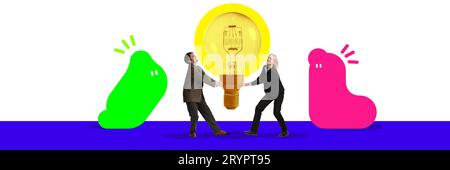 Poster. Banner. Contemporary art collage. Business man and woman pulling, competing for electric bulb as idea against white background. Stock Photo