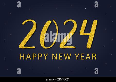 Happy New Year Post Card. 2024 golden handwritten calligraphic numbers. Dark blue background. For greeting card, postcard, invitation,. Stock Photo
