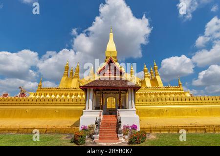 Vientiane Laos, city skyline at Wat Phra That Luang Golden Pagoda Stock Photo