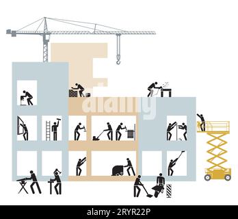 House building construction site with construction workers pictogram illustration Stock Vector