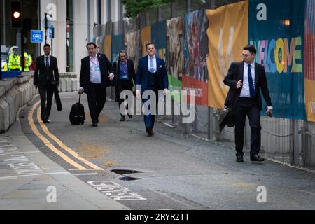 Manchester, UK. 02nd Oct, 2023. Delegates arrive for day two at the Conservative Party Conference. The public greets members of the Tory party during the CPC23. The autumn slogan is Long-Term Decisions for a Brighter Future. Credit: Andy Barton/Alamy Live News Stock Photo