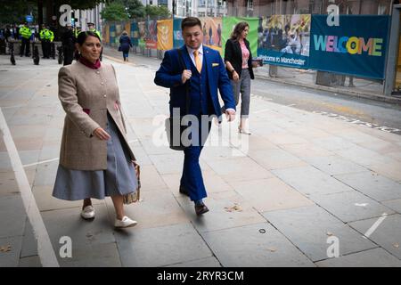 Manchester, UK. 02nd Oct, 2023. Priti Patel arrives for day two at the Conservative Party Conference. The public greets members of the Tory party during the CPC23. The autumn slogan is Long-Term Decisions for a Brighter Future. Credit: Andy Barton/Alamy Live News Stock Photo