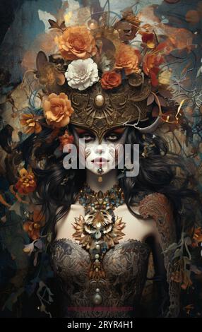 A stunning woman wearing a vibrant, ornate costume and adorned with a floral headdress poses confidently in a dramatic setting Stock Photo