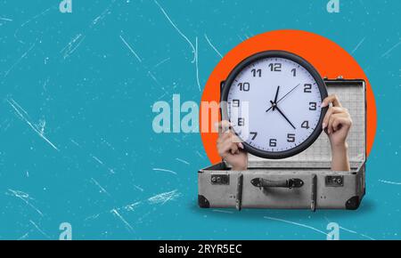 A contemporary artistic collage depicting hands holding mechanical clocks emerging from a vintage suitcase. The concept of time management and effecti Stock Photo