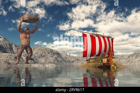 The Cyclops Polyphemus Throws A Boulder At The Fleeing Odysseus Stock