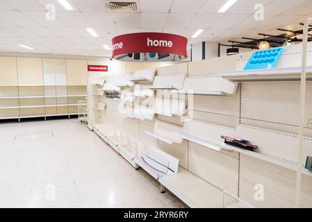 Southend on Sea, Essex, UK. 2nd Oct, 2023. The Wilko store inside the Victoria shopping centre is closing its doors on 3rd October. The shelves in the store are largely empty with the branch offering its items for sale with large reductions Stock Photo