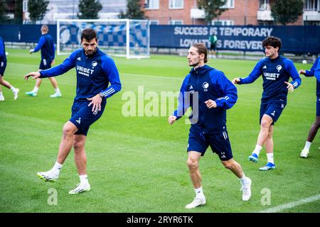 Copenhagen, Denmark. 02nd Oct, 2023. Rasmus Falk and David Khocholava. FC Copenhagen train at Frederiksberg, Monday 2 October 2023. The team will meet Bayern Munich in the Champions League on Tuesday in a match played at Parken, Copenhagen. (Photo: Martin Sylvest/2023) Credit: Ritzau/Alamy Live News Stock Photo