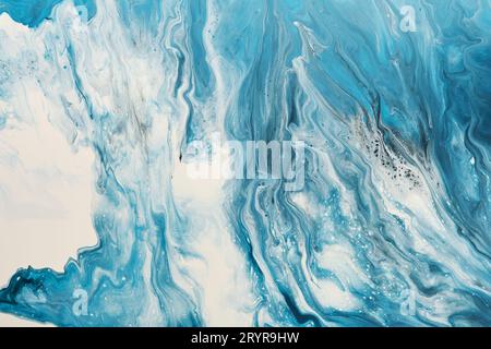 Fluid Art. Liquid white and blue abstract paint drips and wave. Marble effect background or texture Stock Photo