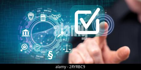 Man touching a validation concept on a touch screen with his finger Stock Photo
