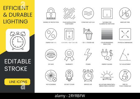 Efficient and Durable Lighting, Set of line icons in vector, editable stroke, tilt adjustment and eye safe, suitable for illuminated switches, energy Stock Vector
