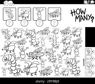 Black and white illustration of educational counting game with cartoon insects animal characters coloring page Stock Photo