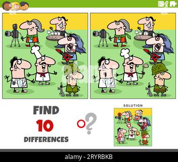 Cartoon illustration of finding the differences between pictures educational game with people of different professions characters group Stock Photo