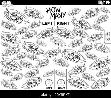 Black and white cartoon illustration of educational game of counting left and right oriented pictures of funny green peas character coloring page Stock Photo