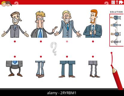Cartoon illustration of educational game of matching halves of pictures with funny men or businessmen characters Stock Photo