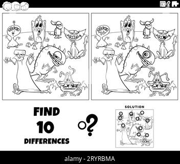 Black and white cartoon illustration of finding the differences between pictures educational activity with monsters fantasy characters coloring page Stock Photo