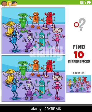 Cartoon illustration of finding the differences between pictures educational activity with robots characters group Stock Photo