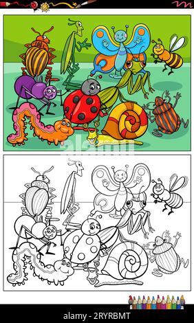 Cartoon illustrations of funny insects animal characters group coloring page Stock Photo