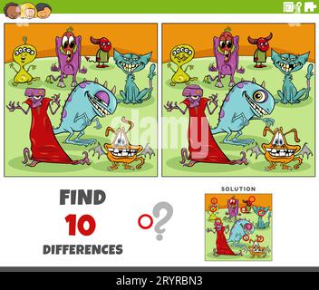 Cartoon illustration of finding the differences between pictures educational activity with monsters fantasy characters Stock Photo