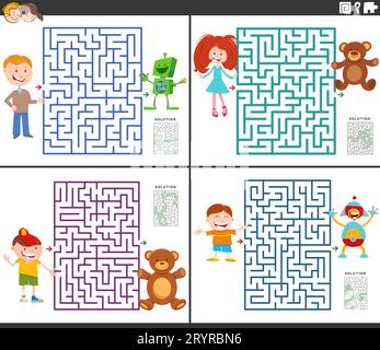 Cartoon illustration of educational maze puzzle games set with children and their toys Stock Photo