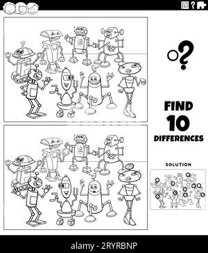 Black and white cartoon illustration of finding the differences between pictures educational activity with robots characters group coloring page Stock Photo