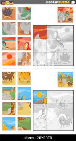 Cartoon illustration of educational jigsaw puzzle games set with wild animal characters group Stock Photo