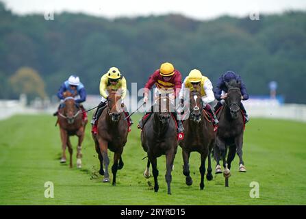 File photo dated 16-09-2023 of Iberian (centre) whose connections are relishing the prospect of the 'brilliantly talented' horse lining up in the Dewhurst Stakes following his scintillating victory in the Champagne Stakes last month. Issue date: Monday October 2, 2023. Stock Photo