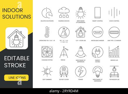 Indoor Solutions, Set of line icons in vector, editable stroke, for indoor use and service life and wide range of dispersion, energy saving and soft Stock Vector