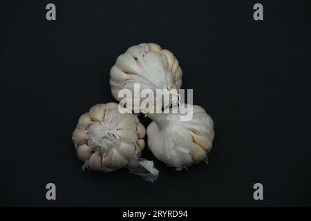 Garlic bulbs, on black background. three garlics , tow down view Stock Photo