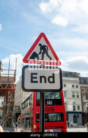 End of Road Works sign in London. Road sign, traffic sign. Stock Photo