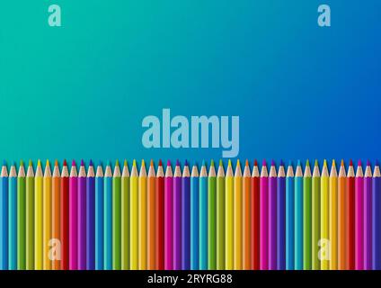 Colored pencil group isolated on blue. Horizontal background Stock Photo