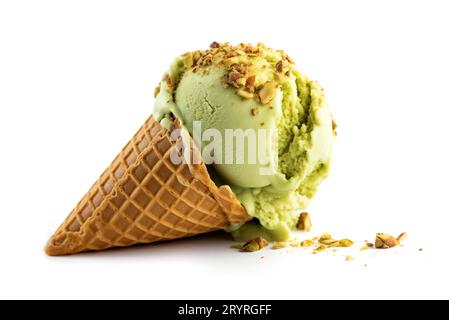 Pistachio ice cream cone on a white background. Stock Photo