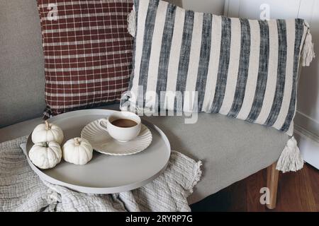 Still life decorative details at home. Living room interior. Cup of coffee, round serving tray. White little pumpkins. Breakfast on linen sofa Stock Photo
