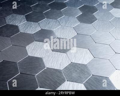 Futuristic metallic honeycomb hex mosaic wall background. Shiny geometric steel mesh cells, digital technology texture wallpaper. Top view of abstract Stock Photo