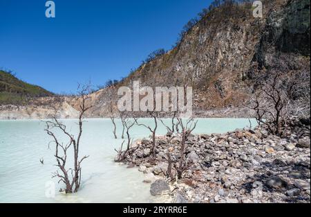 White Crater or Kawah Putih sulfur lake in West Java, Near Bandung city, Indonesia. Stock Photo