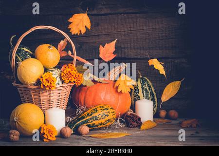 Autumn still life with pumpkins and falling leaves. Thanksgiving Stock Photo
