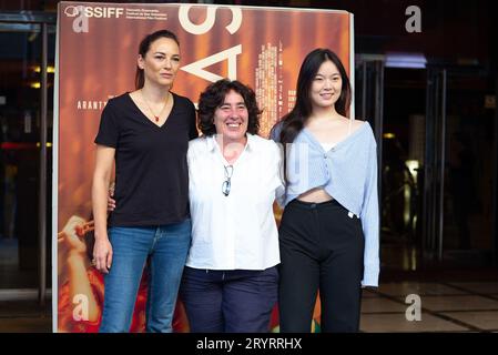Actress Leonor Watling (L), director Arantxa Echevarria (C) and actress Xinyi Ye (R) attend to photocall of 'Chinas' at Cines Verdi on October 02, 202 Stock Photo