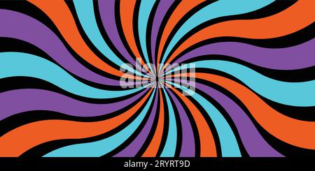 Sunburst groovy carnival background. Sun and rainbow swirl pattern, vintage poster vibes. Funky ray elements, circle motifs, Comics rays themes. Stock Vector
