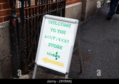 Exeter Food bank stand up sign for Trussell Trust in Exeter City October 2023 Stock Photo