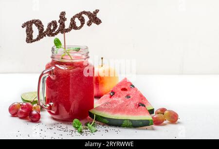 Detox watermelon smoothies and ingredients. The word detox from chia seeds Stock Photo