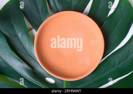 Empty ceramic handmade dish on a leaf of monsters Stock Photo