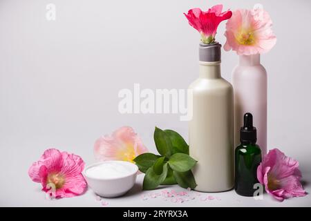 Natural Cosmetics set and flowers on gray background Stock Photo