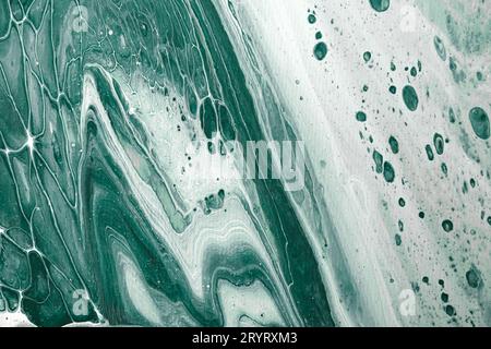 Acrylic Fluid Art. Natural Turquoise waves and frothy bubbles flow on canvas. Digital decor. Abstract stone background or textur Stock Photo