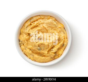 Egg spread with onion and chives isolated on white background, top view Stock Photo
