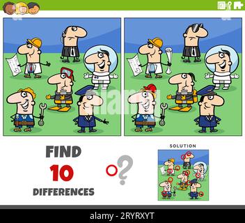 Cartoon illustration of finding the differences between pictures educational game with people of different professions characters group Stock Photo