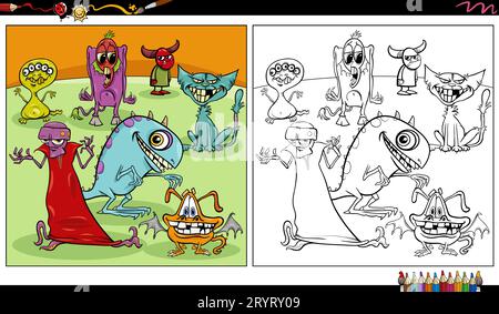 Cartoon illustration of funny monsters or aliens comic characters group ...