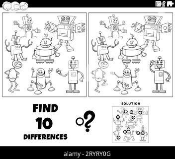 Black and white cartoon illustration of finding the differences between pictures educational activity with robots characters group coloring page Stock Photo