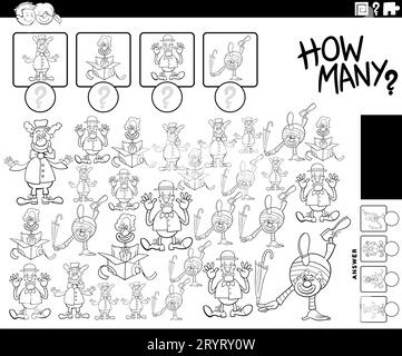 Black and white illustration of educational counting task with cartoon clowns characters coloring page Stock Photo