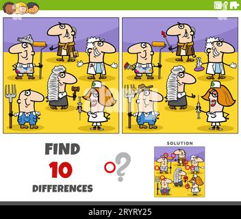 Cartoon illustration of finding the differences between pictures educational game with people of different professions characters group Stock Photo