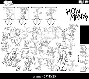 Black and white illustration of educational counting activity with cartoon clowns characters coloring page Stock Photo