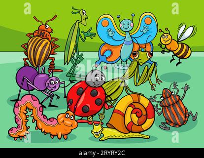 Cartoon illustration of insects and snail animal characters group Stock Photo